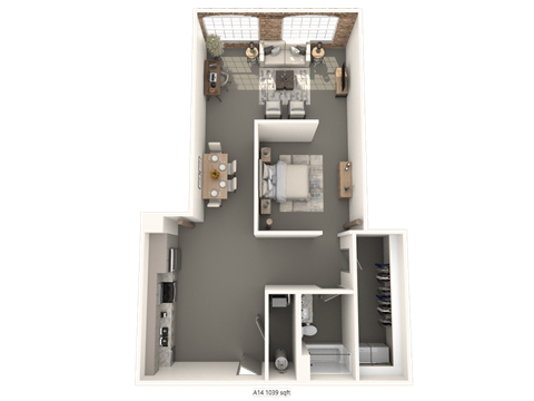 A 3D floor plan of a small apartment with a kitchen, living room, and bathroom.